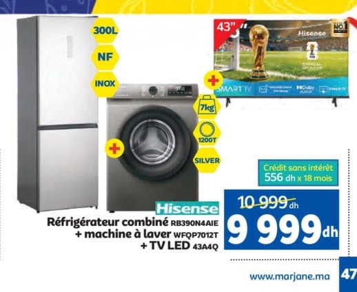Pack Hisense Réfrigérateur RB390N4AIE + Machine à laver WFQP7012T + TV LED 43A4Q chez Marjane