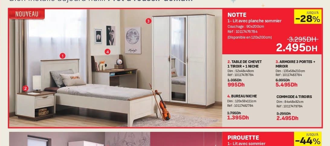 Lit NOTTE avec planche sommier 90x200cm chez Kitea